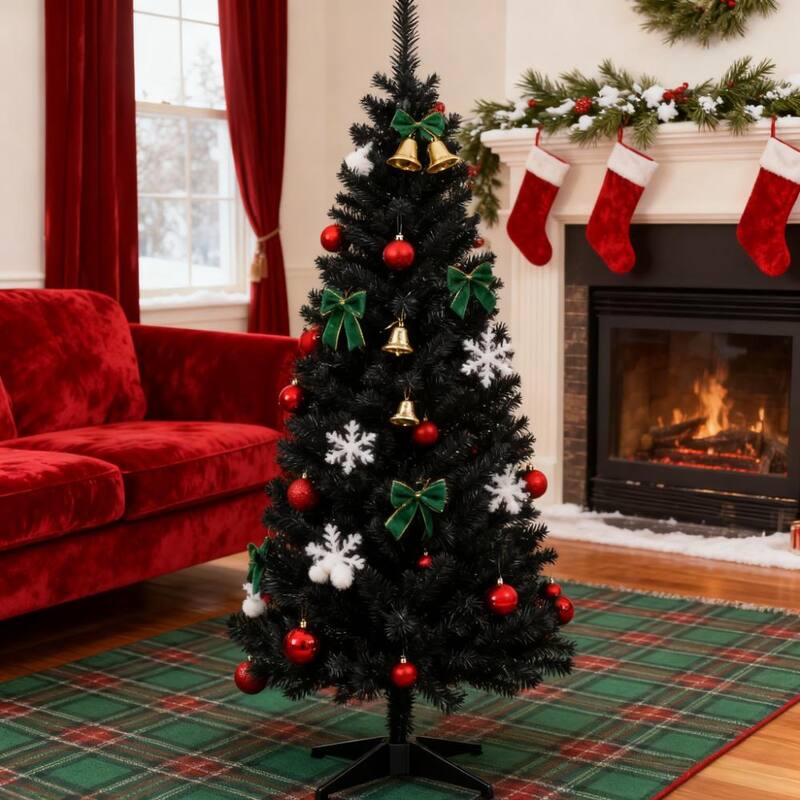 Slim Xmas Tree with Plastic Stand,5' Artificial Pencil Christmas Tree with Easy Setup - Black - Black