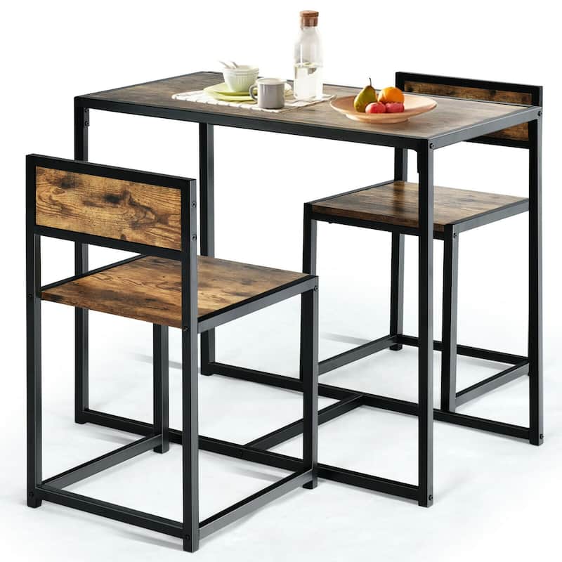 Gymax 3pcs Dining Set Compact Table and 2 Chair Home Kitchen Breakfast - Brown