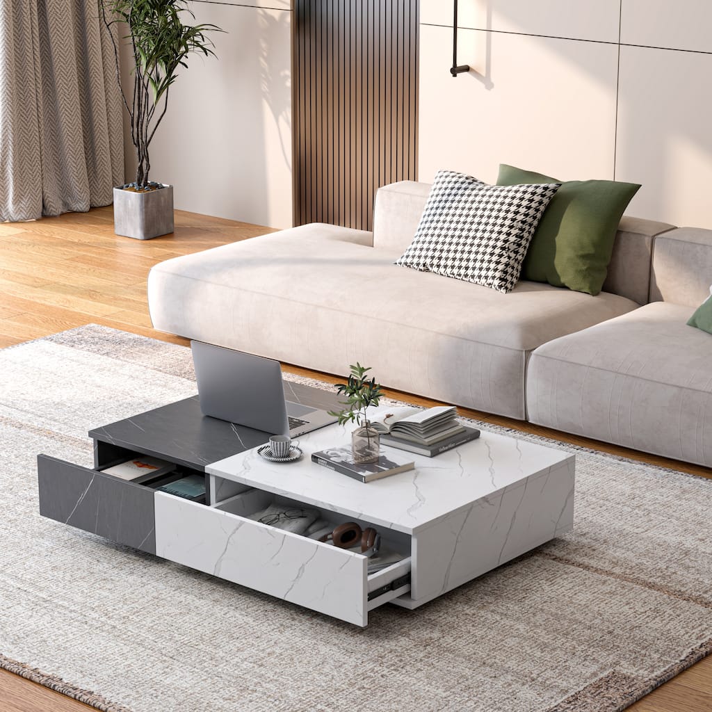 Modern Style Black and White Coffee Table 2-Color Stitching Coffee Table with 2 Storage Spaces, for Living Room