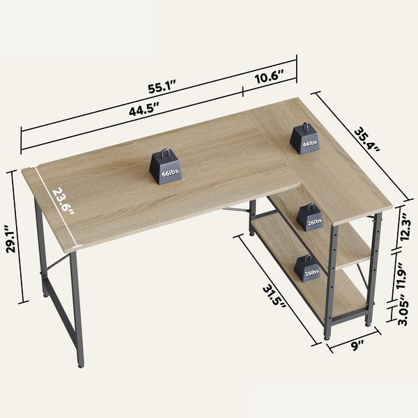 dimension image slide 3 of 13, Small L Shaped Desk with Storage Shelves Corner Computer Desk