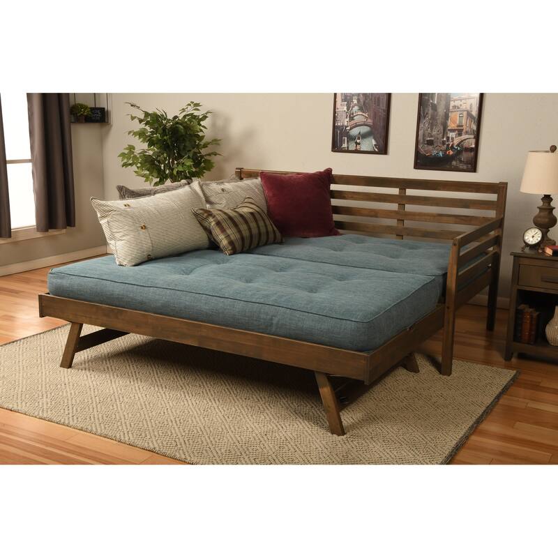 Somette Boho Daybed and Pop Up Bed in Rustic Walnut with Mattresses - Linen Aqua