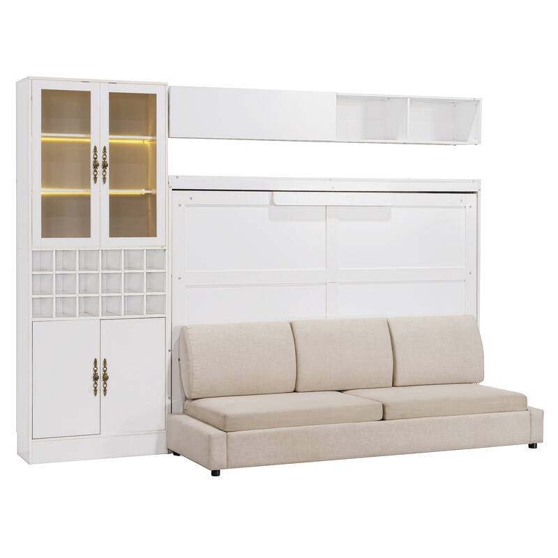 Space-Saving Full Size Murphy Bed with Sofa, Shelves, USB & Light in White