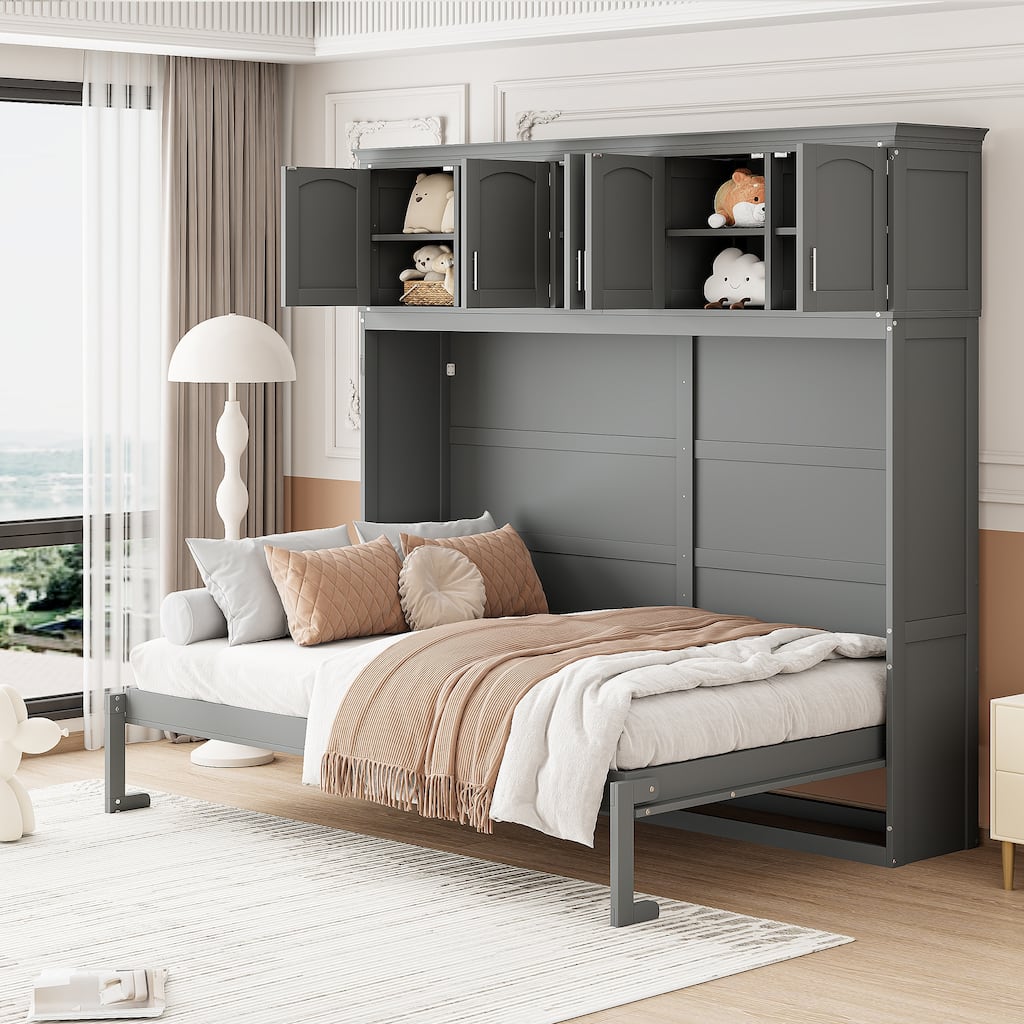 Queen Size Wall Bed with Storage Cabinets, Space-Saving Foldable Murphy Bed in Gray