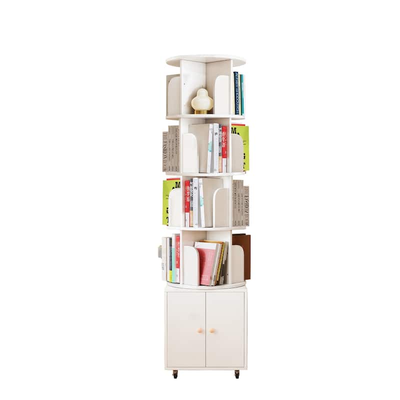 360 Degree Display 5 Tier Corner Bookshelf with Drawer, Floor Standing Bookcase Storage Rack, Wood Narrow Book Shelf Organizer