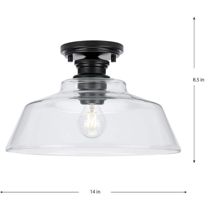 Singleton Collection 1-Light 14 in. Matte Black Medium Semi-Flush Mount Light with Clear Glass Shade