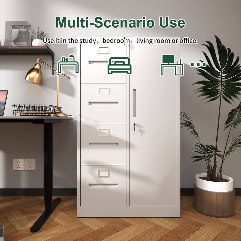 Metal Vertical Filing Cabinet with Wardrobe, Lockable Steel Office File Storage Cabinet with 4 Drawers and 1 Door
