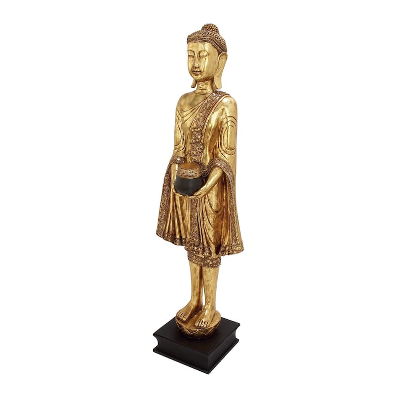 Polystone Buddha Standing Floor Sculpture with Engraved Carvings and Relief Detailing - Gold - Roche River Decor