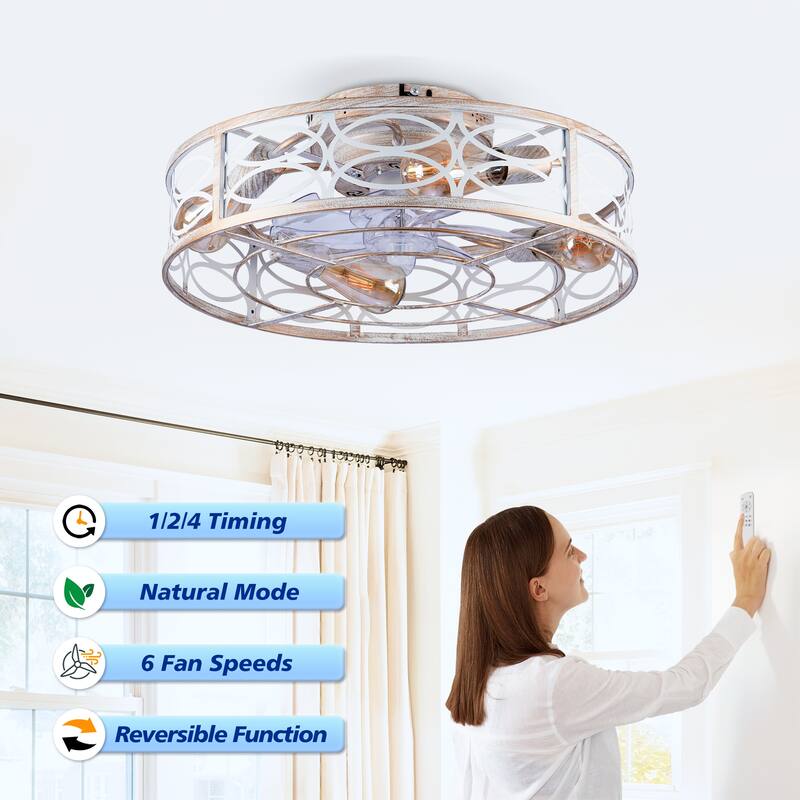 20 inch Flush Mount Ceiling Fan Light with Remote Caged Farmhouse Fandelier Black Wood Low Profile