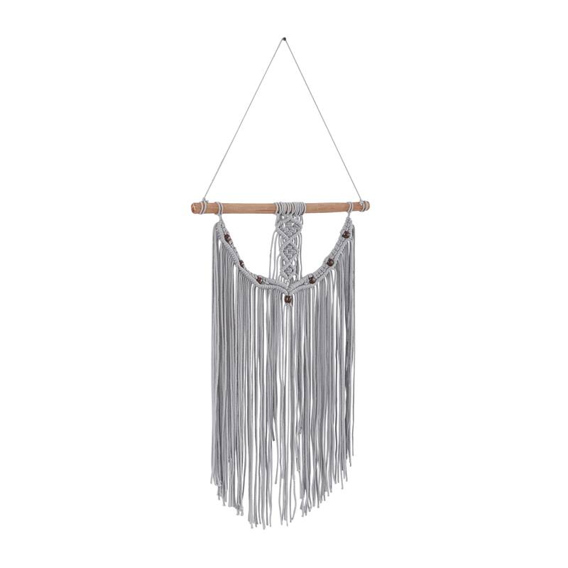 Cotton Fabric Macrame Handmade Intricately Weaved Wall Decor with Beaded Fringe Tassels - Gray - Roche River Decor
