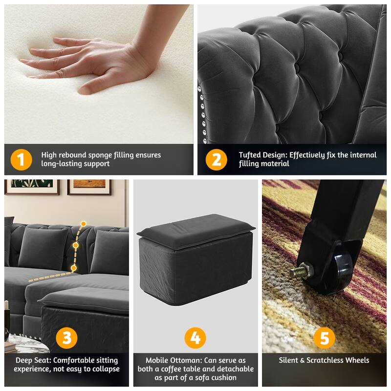 89" Chesterfield Pull Out Sofa Bed - Velvet 3-in-1 Convertible Sleeper with Chaise & Ottoman, King Size Sleeper Sofa