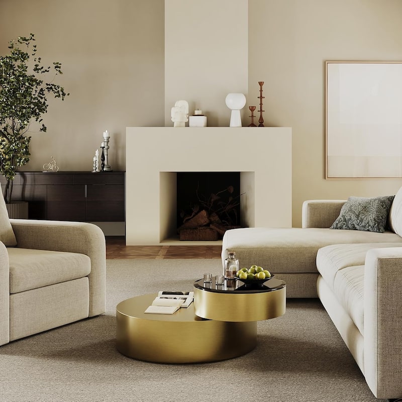 Luxury Round Coffee Table with 2 Tier Rotatable Top Circle Coffee Table with 360° Swivel Top for Living Room Apartment