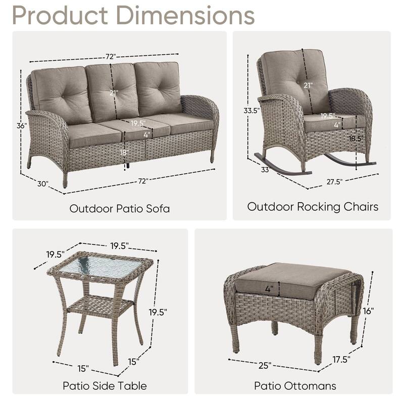 6 Pieces Rocker Chairs Sofa Table Ottomans Grey-Grey - Grey