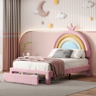 Twin/Full Size Upholstered Rainbow Crown Design Headboard Kids Platform Bed Frame, Velvet Princess Bed with Drawer