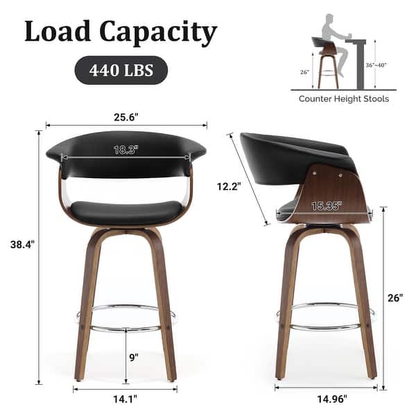 dimension image slide 8 of 14, 26"/29" Faux Leather Swivel Bar Stools, Wood Counter Stool