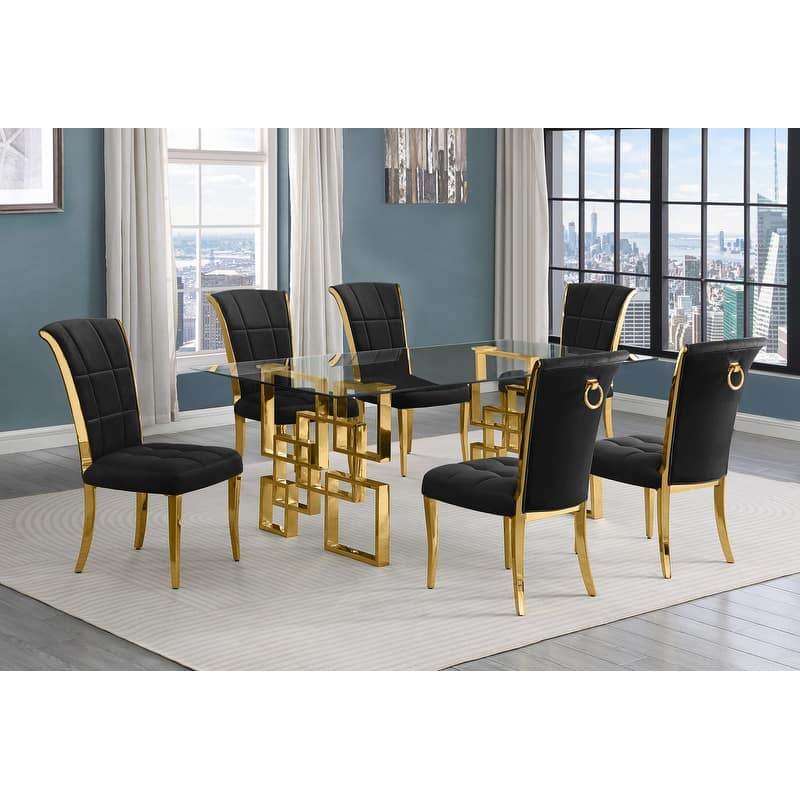 Best Quality Furniture D221/2-SC320-7 Dining Set with 12mm Tempered Glass - 7-Piece - Black with Gold