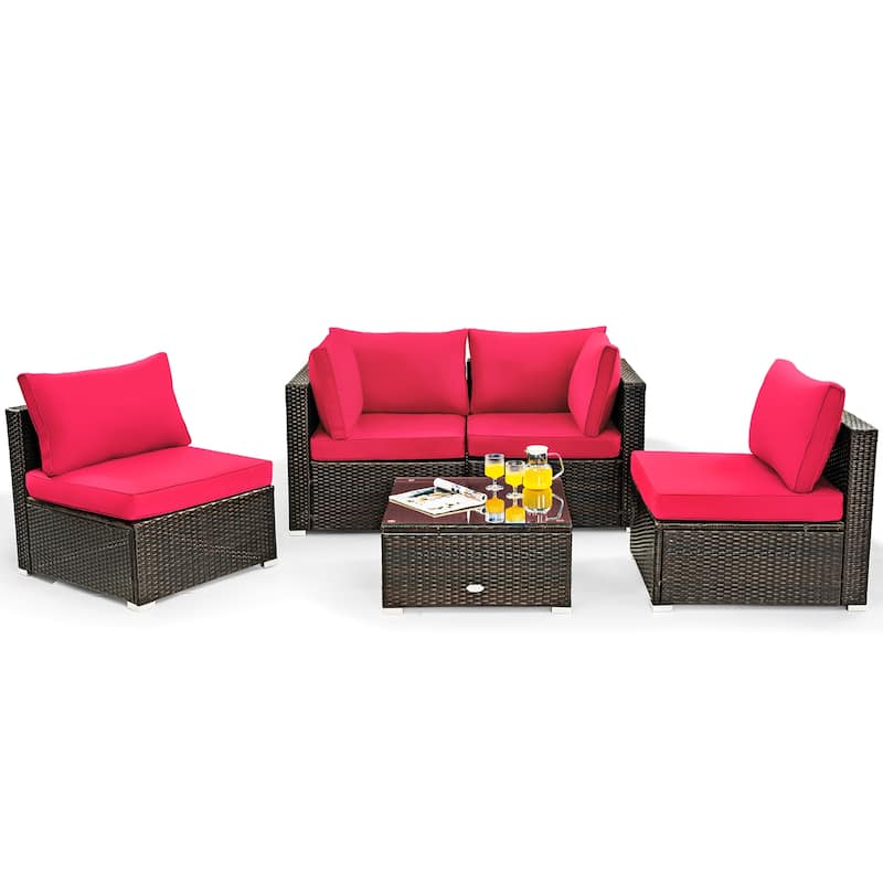 5 Pieces Patio Furniture Set Rattan Outdoor Sectional Conversation Set - Red