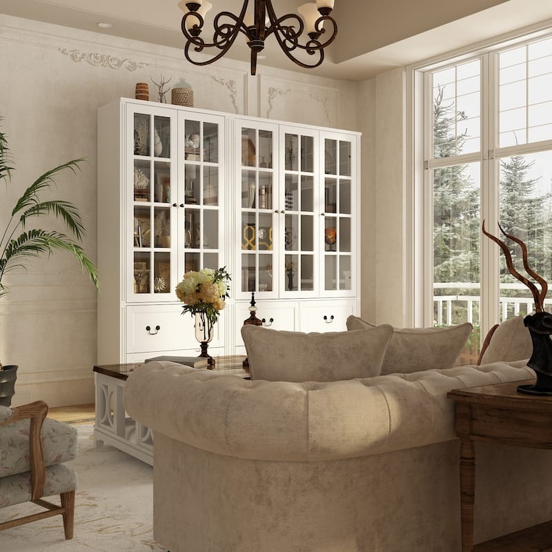 China Cabinet Tempered Glass Doors Storage Cabinet White Tall Bookcase