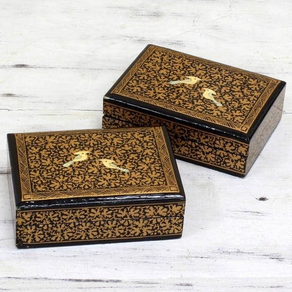 Handmade Avian Whispers In Gold Wood Decorative Mini Boxes (Pair) India -  1.2 H x 3.9 W x 3 D - On Sale - Bed Bath & Beyond - 31727844