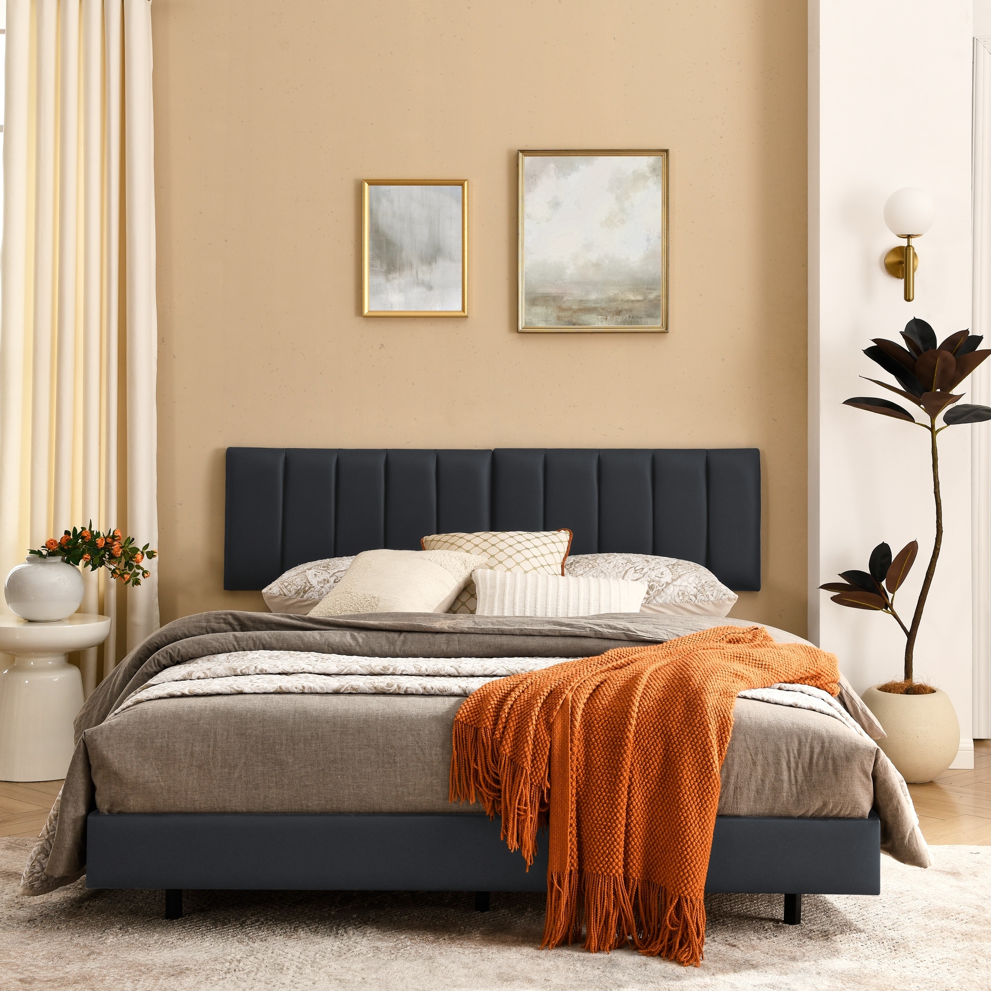 Queen Low Profile Bed Frame Upholstered Platform Bed with Wall Mounted Headboard and Wood Slats, No Box Spring Needed, Black