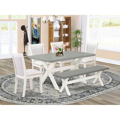 HomeStock 6-Piece Rectangle Wire Brushed Linen White Finish Solid Wood Top Dining Table with 1-Bench, 4-Chairs