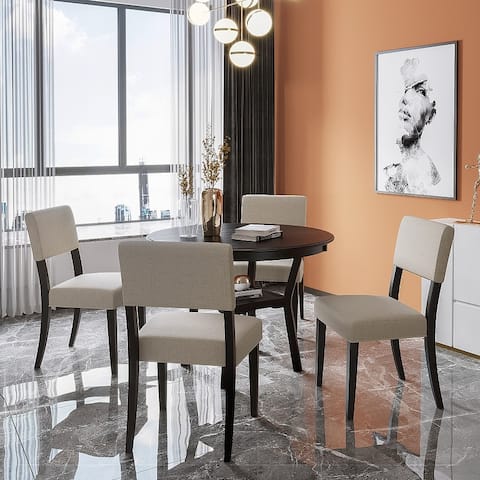 5-Piece Kitchen Dining Table Set Round Table with Bottom Shelf, 4 Upholstered Chairs for Dining Room