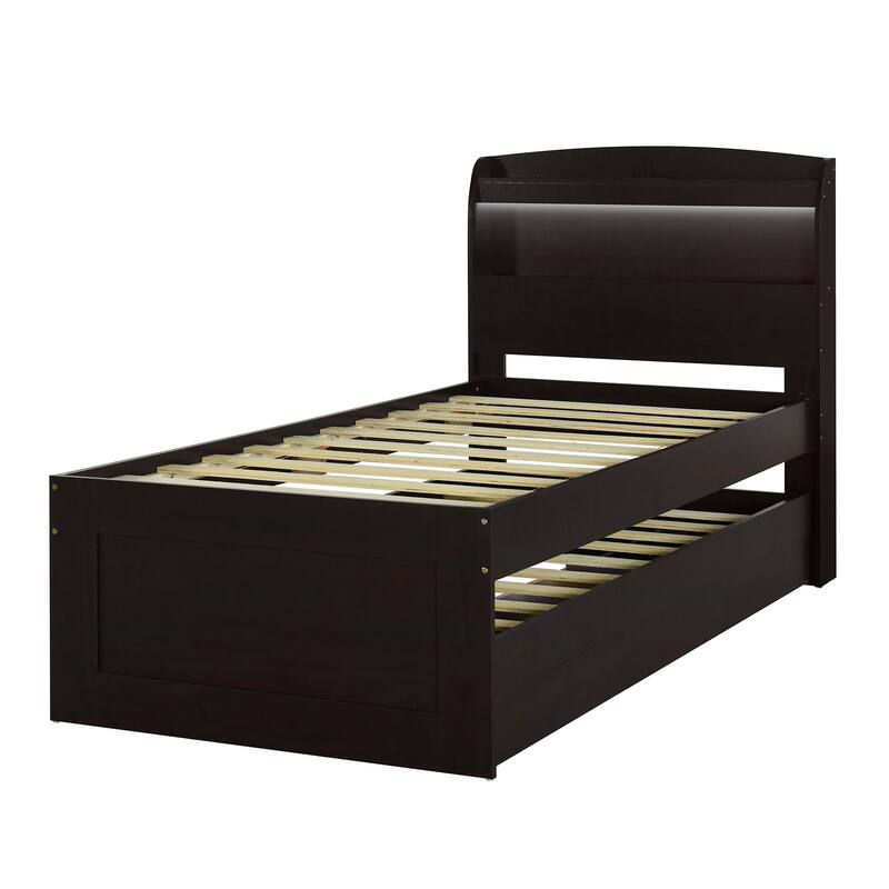 Twin XL Bed with LED Headboard, Charging Station, Trundle