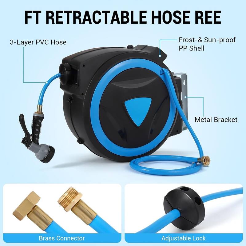 1/2" x 100' Wall Mount Garden Hose Reel, 9 Nozzles - 1/2 inch 100ft