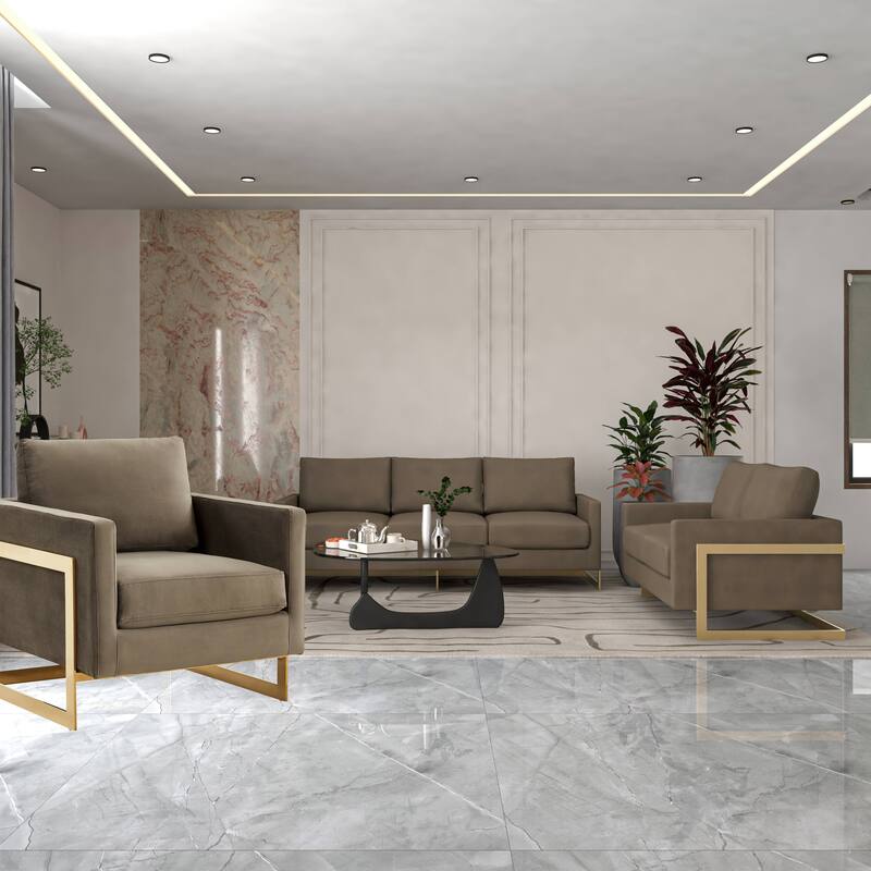 3-Piece Velvet Sofa Set with Gold Stainless Steel Base and Removable Cushions