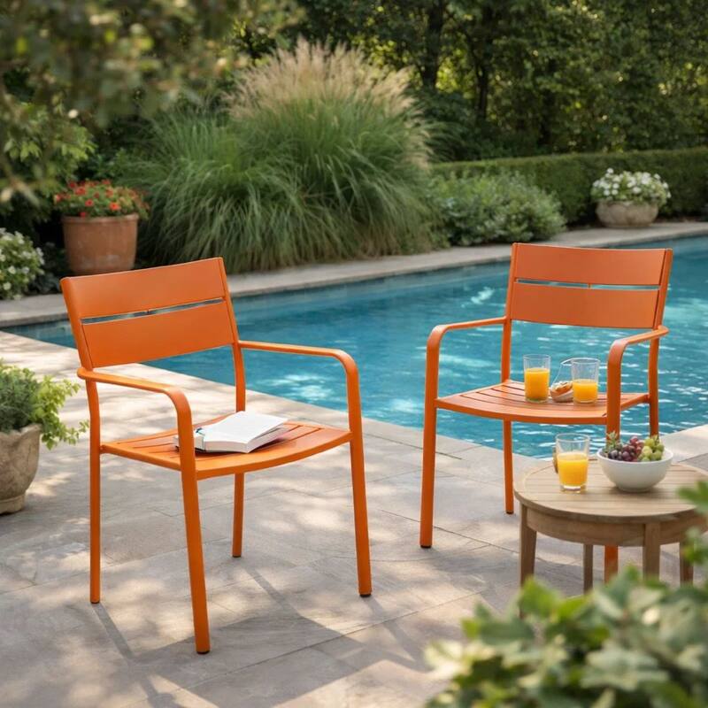 Meta 22 Inch 6 Piece Dining Chair Set, Orange Aluminum Frame, Stackable