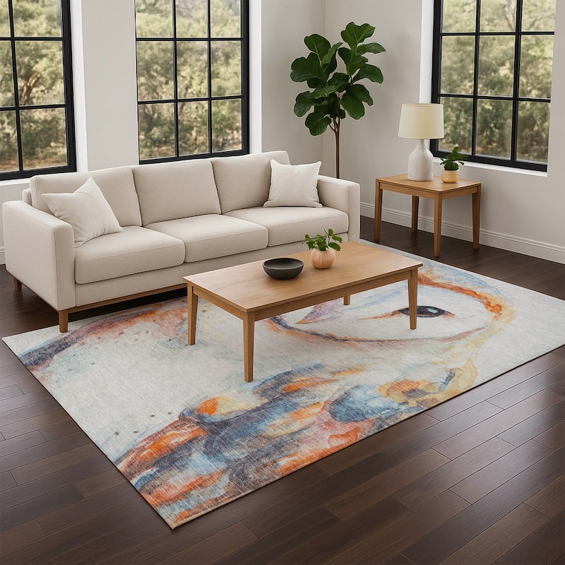 Machine Washable Indoor/ Outdoor Modern Owl Chantille Rug