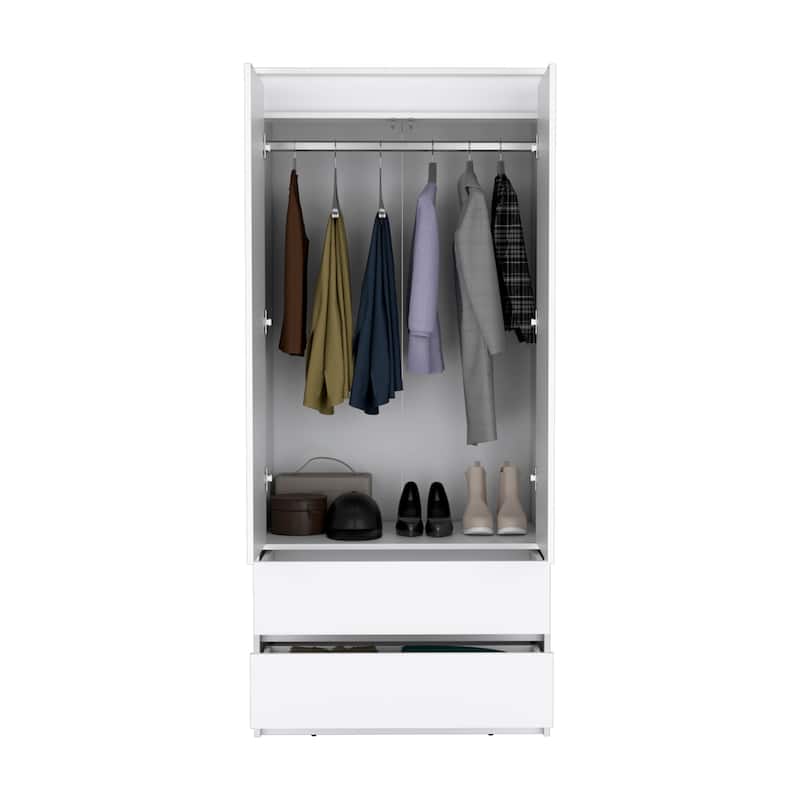 20.47" Modern Double-door Armoire with Two Drawers and Hanging Rod for Bedroom