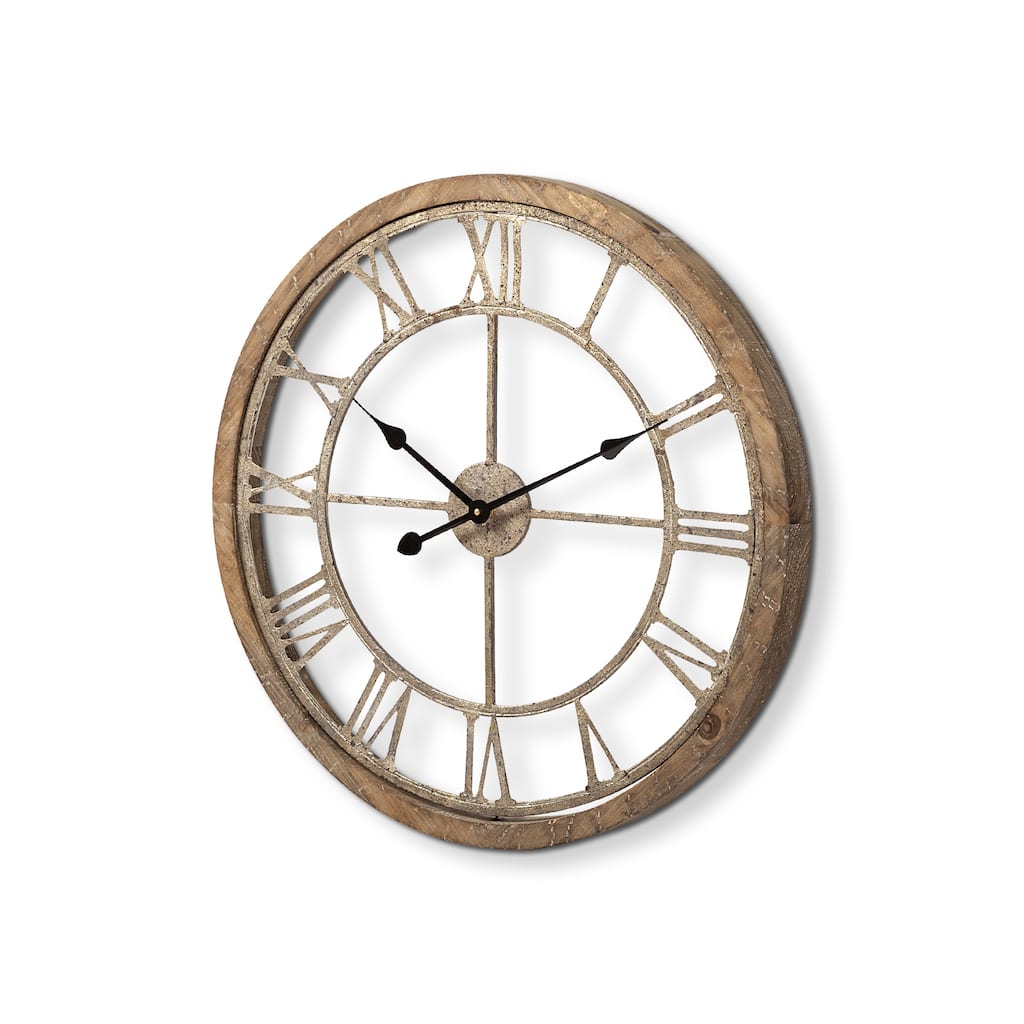 Mething Brown Wood and Gold Metal 25" Round Wall Clock - 24.8L x 25.0W x 2.0H