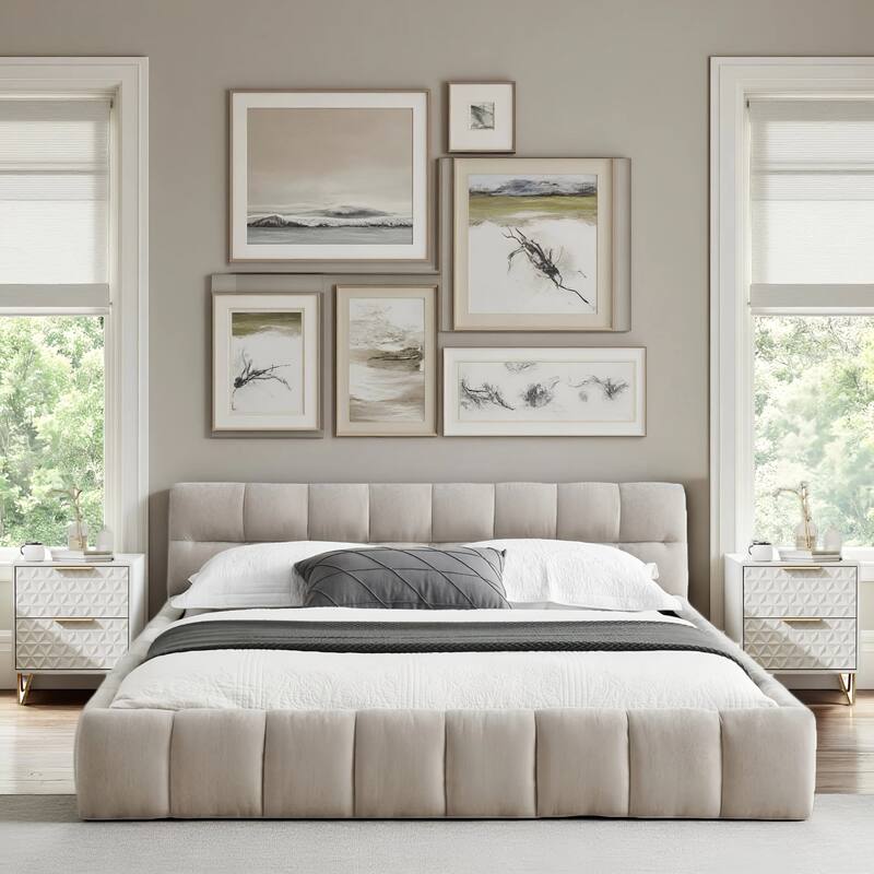 3-Pieces Bedroom Sets Upholstered Bed Frame with Thick Fabric,Solid Frame,2Nightstands with 2 Drawers,Gold Legs & Handles