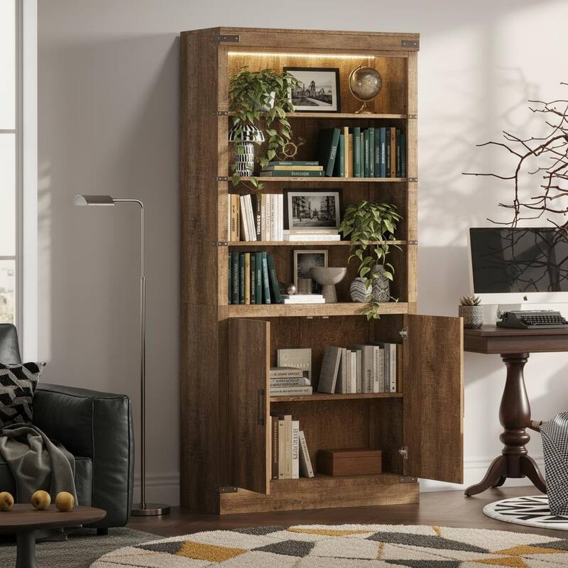 Merax Farmhouse Style Bookcase with 3-Tier Adjustable Shelves and LED Lighting - Walnut