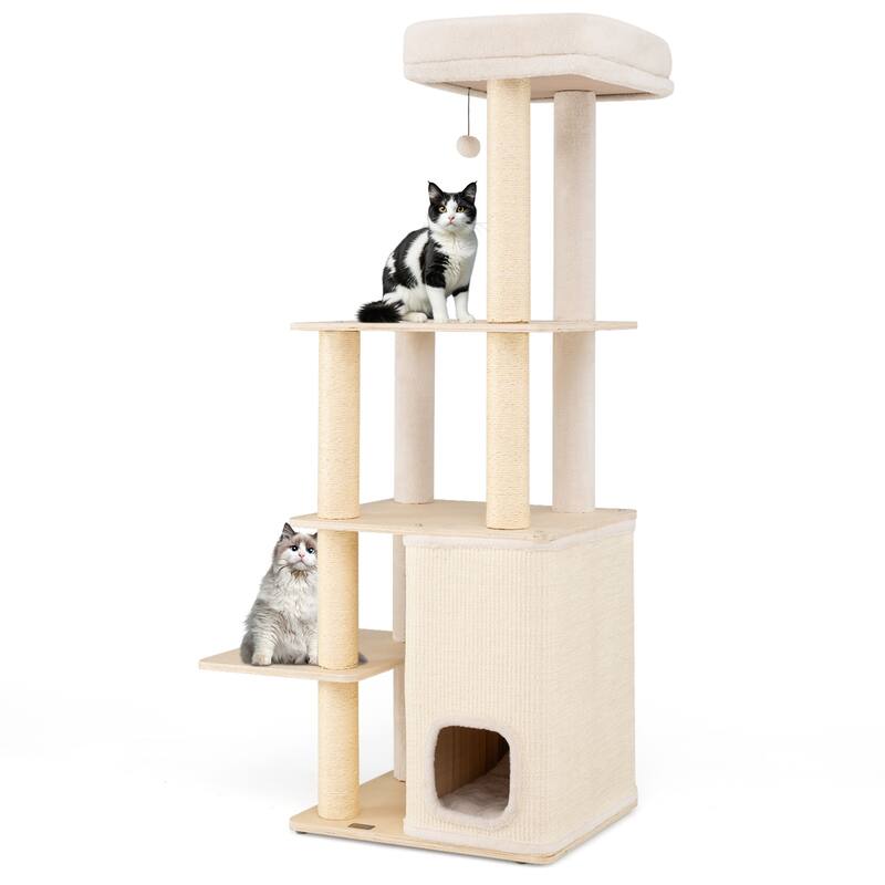 Gymax 63'' Tall Wooden Cat Tree w/2-Story Condo Plush Padded Top Perch