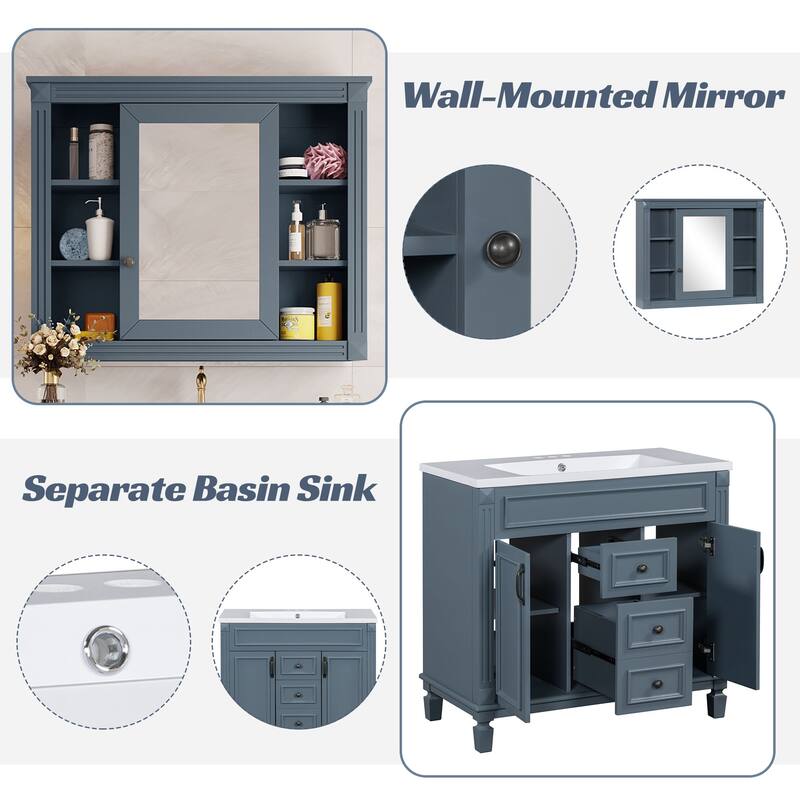 36'' Bathroom Vanity Combo Set with Mirror Cabinet, Modern Bathroom Storage Cabinet with 2 Soft Closing Doors and 2 Drawers