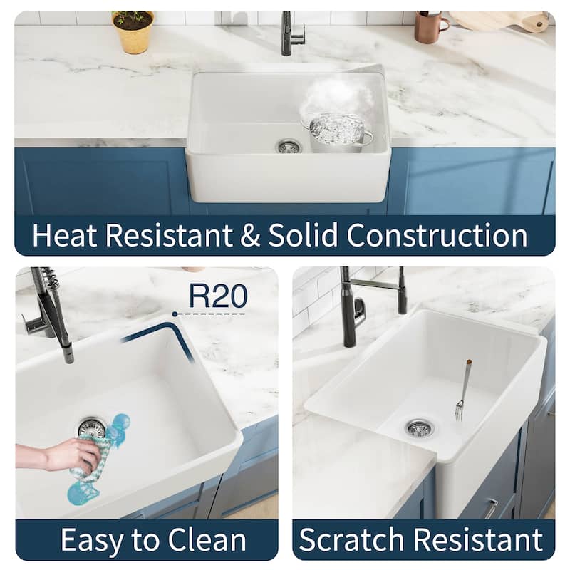 24 Inch Fireclay Farmhouse Sink Single Basin with Bottom Grid and Strainer