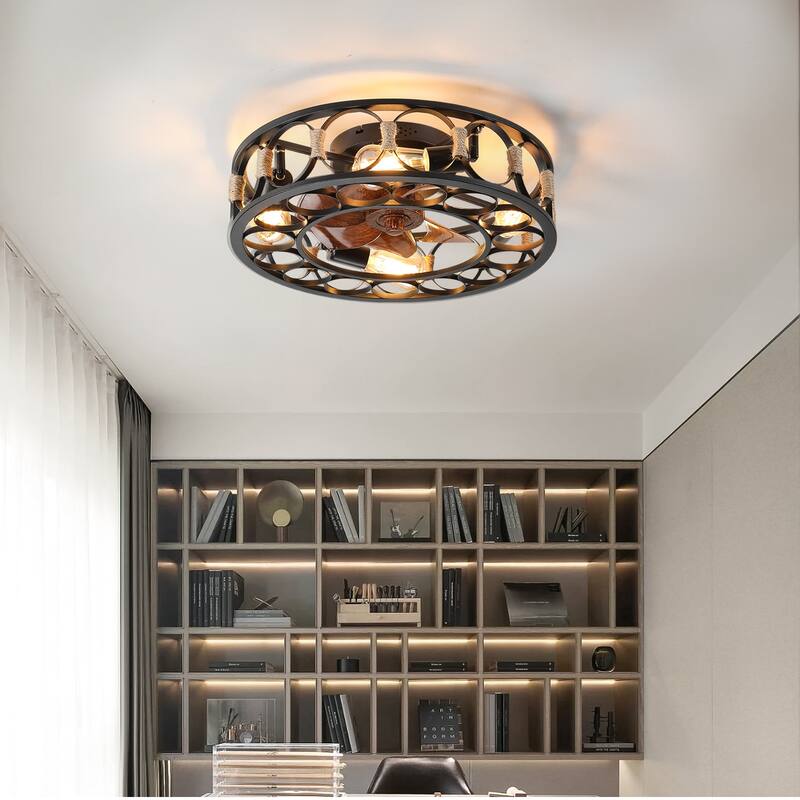 Caged Black Ceiling Fan with Lights Remote Control, Flush Mount 6 Speeds Reversible Ceiling Fan, LED Bulbs Include - 20 Inch