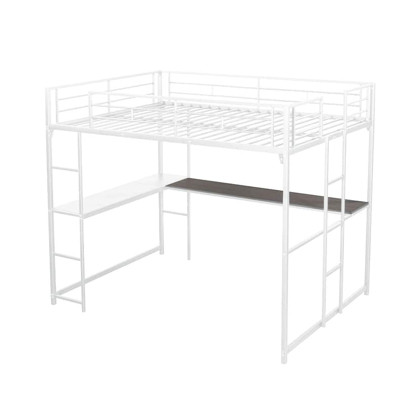 Metal Full Loft Bed with L-shaped Desk Workstation in White