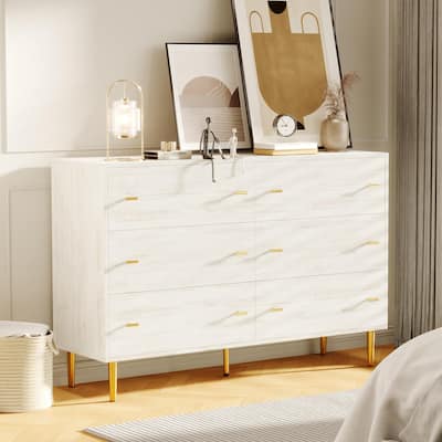 6 Drawers Dresser for Bedroom,47.2" Wide Wood Rustic Chest of Drawers with Bar Handles,Vintage Design,Storage Dressers
