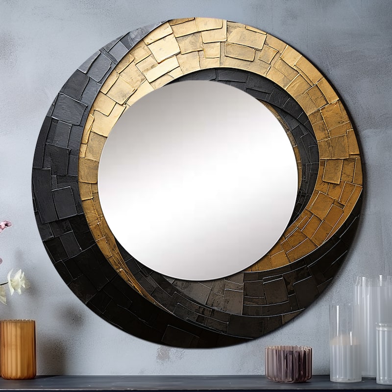 Designart "Gold Black Minimalism Spiral Poteries" abstract spirals Living Room Mirror - gold Modern Round Mirror