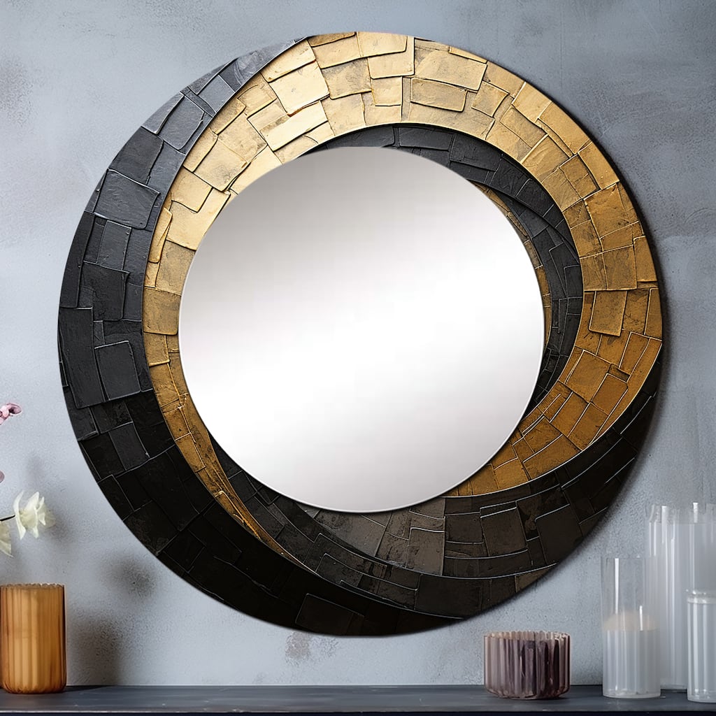 Designart "Gold Black Minimalism Spiral Poteries" abstract spirals Living Room Mirror - gold Modern Round Mirror