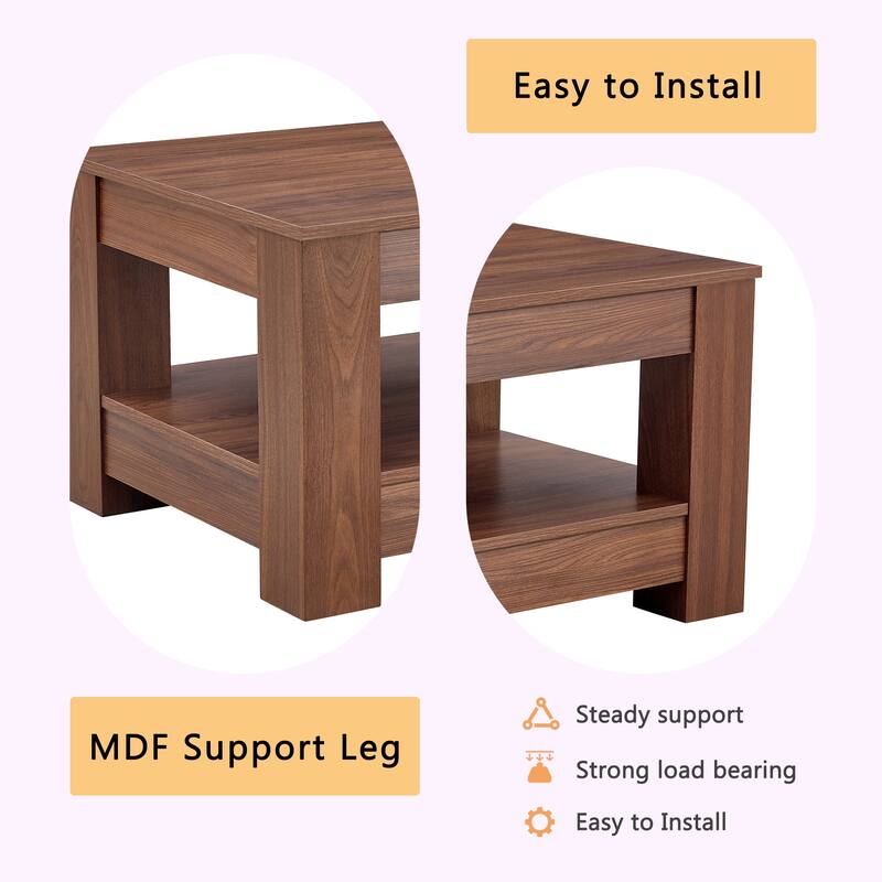 A modern and practical coffee table. The double layered coffee table is made of MDF material