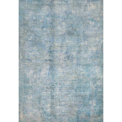 Hand Knotted Oriental Viscose Silk Carpet Modern Abstract Navy Blue & Blues Abstract Area Rug - 11' 5'' X 9' 0''