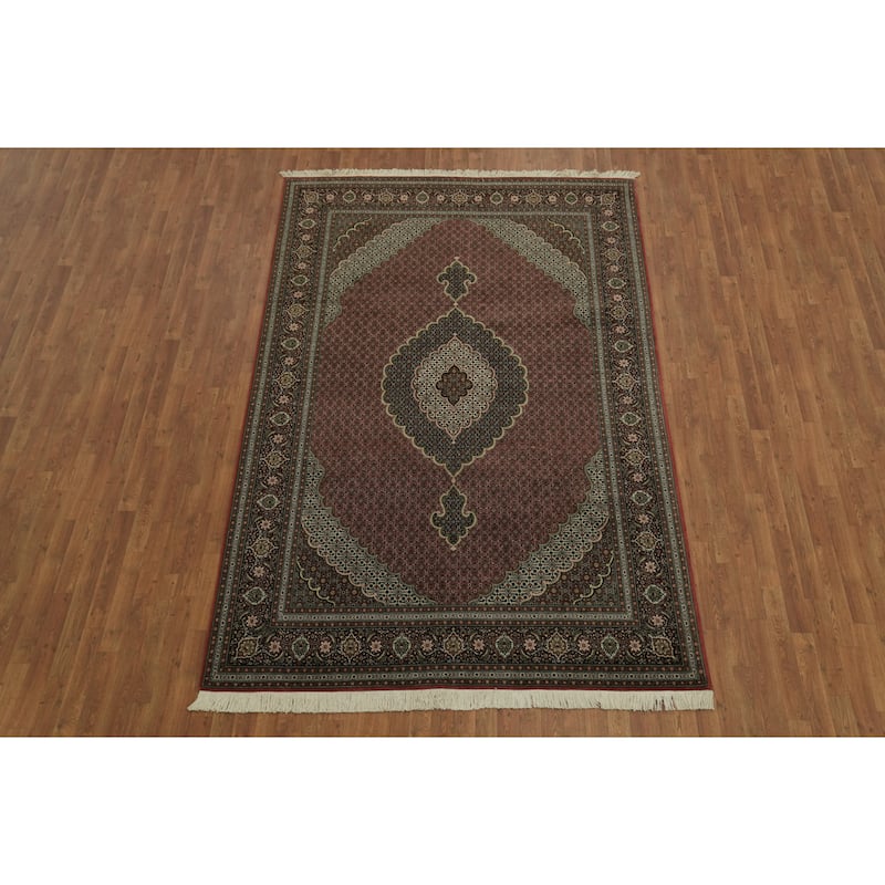 Hand Knotted Oriental Wool & Silk Carpet Traditional Geometric Red Tabriz-Mahi Area Rug - 10' 2'' X 6' 8''