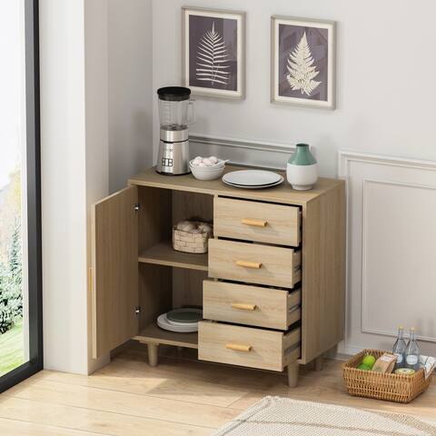 4 Drawers Wooden Cabinet with Rattan Decorative Doors,for Bedroom,Living Room,Dining Room,Hallways