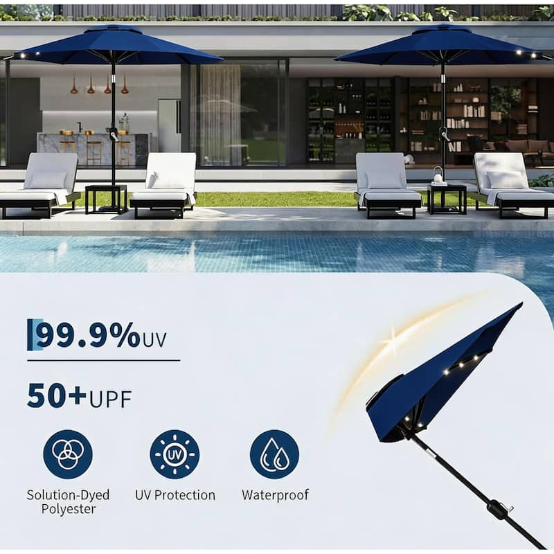 9ft Outdoor Patio Half Umbrella, with Solar LED Lights and Smooth Crank Lift