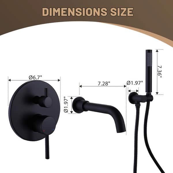 dimension image slide 0 of 3, Solid Brass 2 Handle Wall Mounted Roman Tub Faucet With Handheld Shower