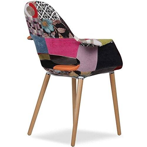 Set of 2 Fabric Patchwork Patterned High Back With Arms Accent Chairs Natural Leg Wood Dining Living Desk Designer Task