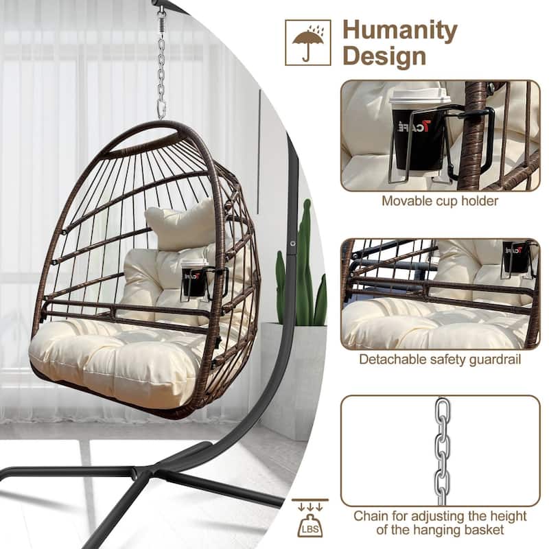 43 in. W x 43 in. D x 77 in. H 1-Person Metal Patio Basket Hanging Swing with Brown Cushions